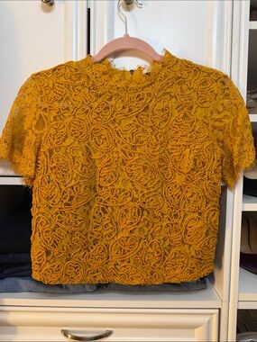 Zara Mustard Lace Short-Sleeve Top